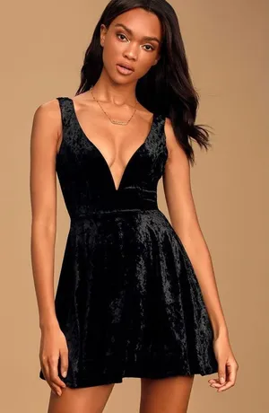 Lulus This Night Black Velvet Backless Skater‎ Dress Sz S thumbnail 1