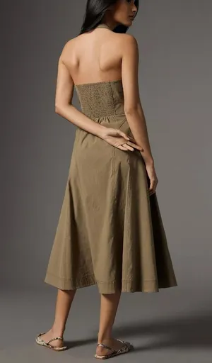 Anthropologie‎ Zip-Front Corset Midi Dress Womens XS Smocked Back Halter Olive thumbnail 1