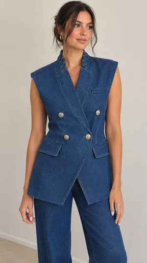 Jason Wu Denim Sleeveless Blazer Vest Size Medium Double Breasted Gold Buttons thumbnail 1