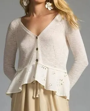Anthropologie Hollie Eyelet Peplum Button Up Cardigan Sweater White Cream Small thumbnail 1