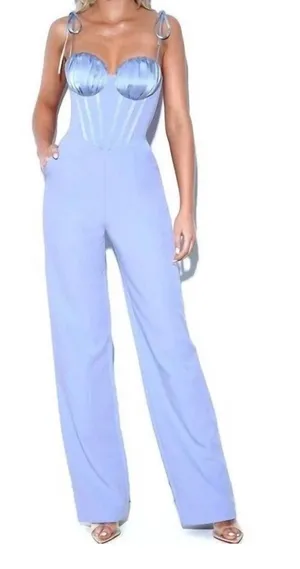 NWT Miss Circle Sarina Baby Blue Satin Corset Jumpsuit - Size Small (Read) thumbnail 1