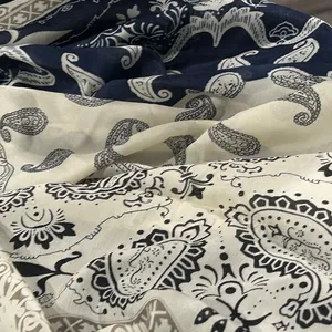 100 % silk Paisley Scarf in Navy & Cream thumbnail 11