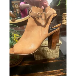 Coach Tan Leather Peep Toe Slingback Block Heel Booties 7 thumbnail 4