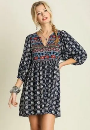 Umgee Navy Boho Aztec Print Mini Dress 3/4 Sleeve Babydoll Tunic Size Medium thumbnail 1