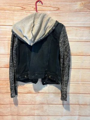 Free People Black Denim Jacket with Gray Knit Sleeves and Collar thumbnail 2