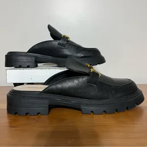 Women's Lulus Ranae Black Slide On Loafers Black Gold‎ Horsebit Hardware Size 10 thumbnail 2