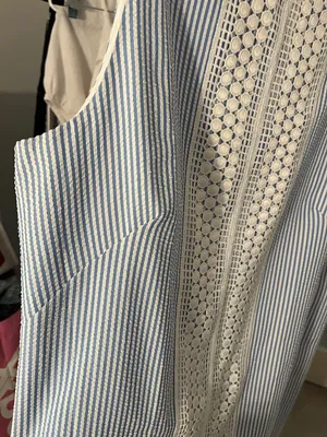London Times Blue & White Striped Seersucker Dress with Crochet Panel thumbnail 4