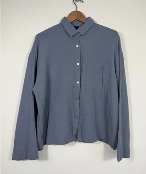 H&M Blue Cotton Gauze Button Front Shirt Oversized Pocket Medium thumbnail 1