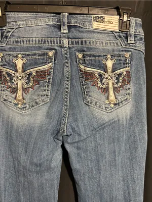 Miss Me Blue Denim Bootcut Jeans size 29 with Embroidered Cross & Wing Pockets thumbnail 2
