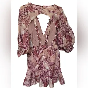 ASOS palm print structured mini dress with lace trim detail and puff sleeve thumbnail 2