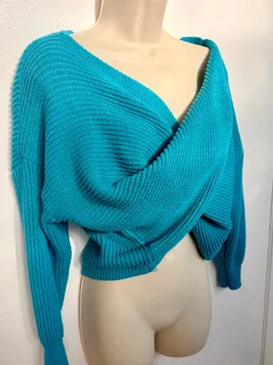 SHEIN Teal Wrap Sweater XS Ribbed Knit Crossover Cropped Long Sleeve US 2 thumbnail 4