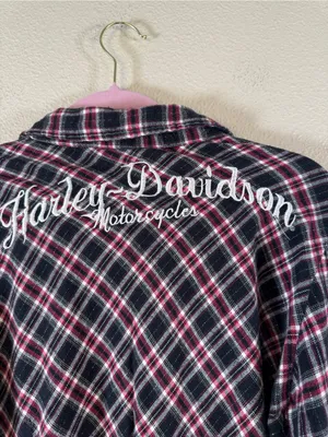 Harley Davidson Red Black Plaid Button Down Shirt Womens L Embroidered Flannel thumbnail 5