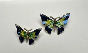 Butterfly Insect Blue Yellow Green Enamel Brooch Pin Gold Tone Set Of 2 thumbnail 1