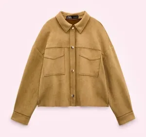 Zara NWT tan camel faux suede collared button front shirt jacket shacket thumbnail 1
