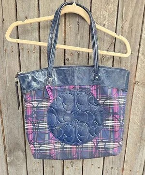 COACH poppy tartan signature tote bag blue/purple F-20109 thumbnail 1