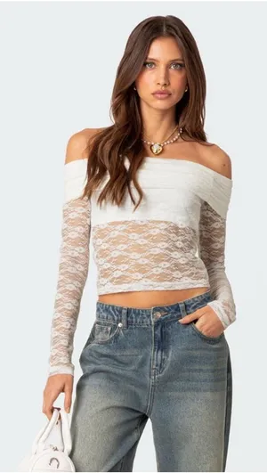 $58 NWOT Edikted Elysia Fold Over Sheer Lace Top in white M thumbnail 1