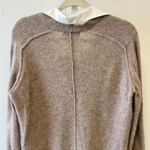 Magaschoni 100% Cashmere Layered Look‎ V-Neck Sweater Taupe White Trim Large thumbnail 6