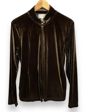 Vintage Velour Sweatshirt Zip-Up Tracksuit Brown Velvet‎ Women Size Large Jacket thumbnail 1