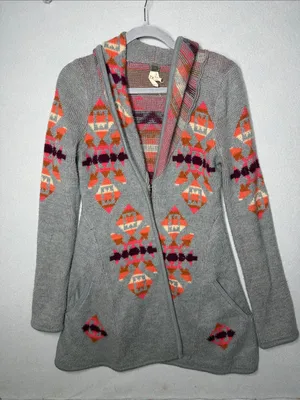 We The Free Gray oversized Hooded Cardigan with Aztec print wool blend thumbnail 1