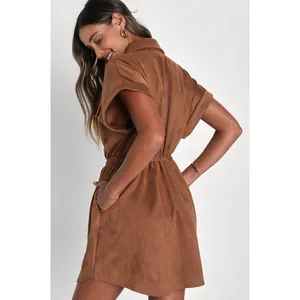 Lulus Always Endearing Brown Suede Mini Dress Stretch with Pockets Women's Small thumbnail 3