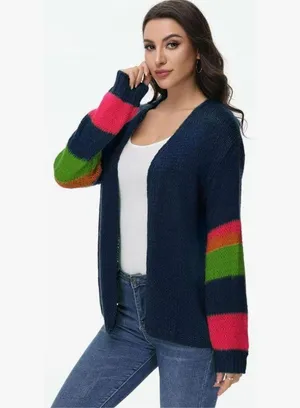 NEW Blue Preppy 80’s Lightweight Sweater Color Block Oversized Cardigan 2X thumbnail 6