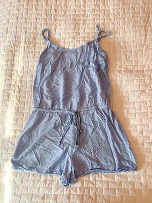 Aerie Blue Pleated Dot Tie Waist Romper Size Small thumbnail 1
