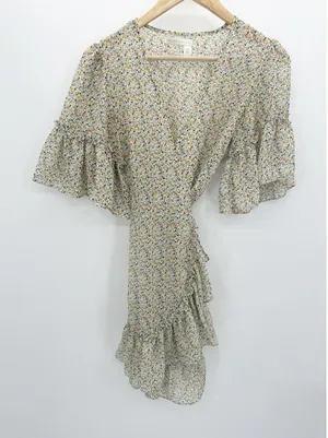 Chelsea &‎ Violet Womens Yellow Microfloral Wrap Dress XS Ruffle Sheer Mini thumbnail 1