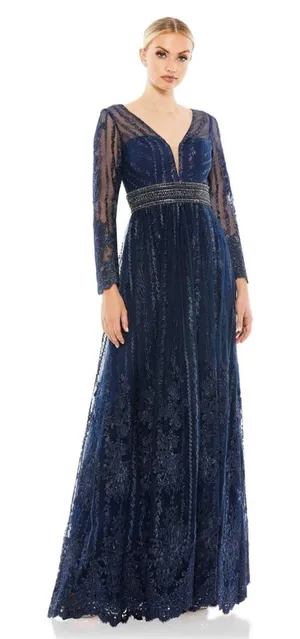 Mac Duggal Long Sleeve Floral Illusion‎ Midnight Navy A Line Gown Size 8 NWT thumbnail 1