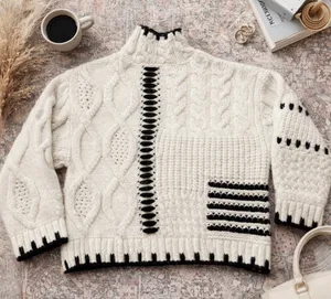 Zara Chunky Cable Knit Sweater | Black & Ivory Graphic | Mock Neck | Oversized S thumbnail 1
