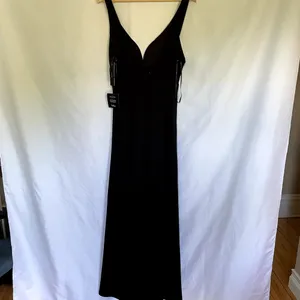 NWT Lulus black full length dress open back deep princess neckline size M thumbnail 6