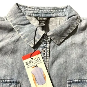 NWT BUFFALO DAVID BITTON Women's Medium Blue Shirt Soft Acid Wash Utility SS NEW thumbnail 2