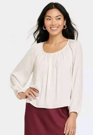 ✨A New Day Women's Balloon Long Sleeve Femme Popover Cream Sz Medium Shirt✨ thumbnail 1