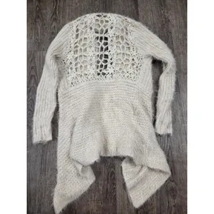 RYU Super Soft Cashmere-Like Crochet Back Cardigan Sweater Cream Beige M/L thumbnail 5