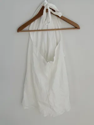 Beige Botany White Linen Blend Halter Mini Dress Size S Open Back thumbnail 2