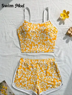 NWT Swim Mod Women's Swimwear Set, Ditsy Floral Yellow Spaghetti Strap Crop Top thumbnail 1