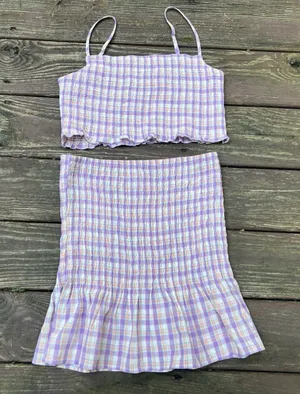 Timing Women’s Smocked Lilac Plaid/Gingham Babydoll Skirt & Top Matching Set|LRG thumbnail 1