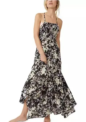 NWOT Free People Heat Wave floral Print Maxi Dress, spaghetti strap racer back,S thumbnail 1