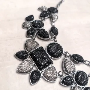 Stunning Bib Necklace Statement Large Chunky Black & Dark Silver Tone thumbnail 5