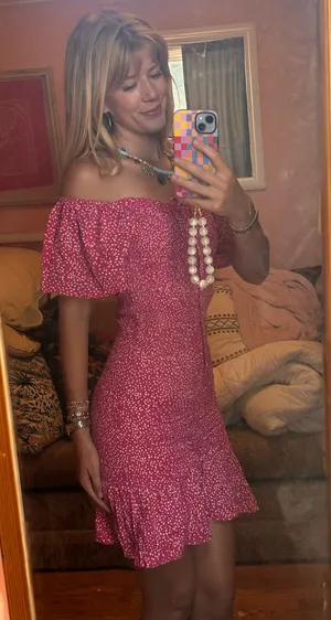 Pink and white polka dot fitted dress thumbnail 1