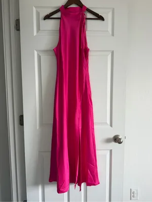 Hutch Mari Dress Hot Pink Fuchsia Halter Neck Satin Midi Dress NWT Size Large thumbnail 2