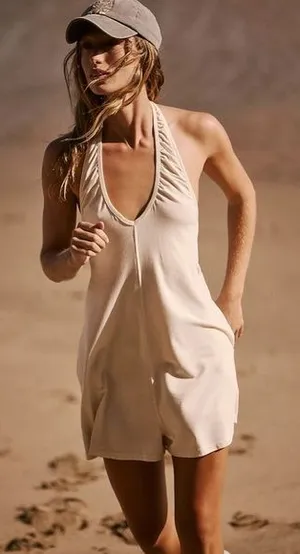 Free People Movement NEW! $60 Movement XS HOT SHOT HALTER ROMPER ONESIE Tofu Ivory Cream thumbnail 1