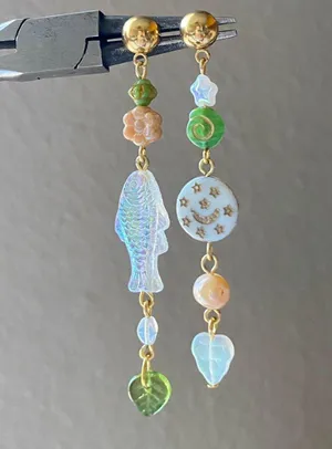 Handmade quality Czech glass beads mix asymmetric unique dangle earrings💚⭐️🐟💕🌙 thumbnail 3