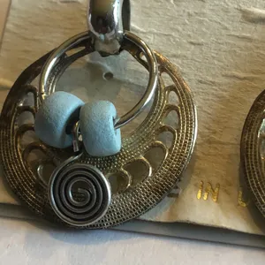 Aged Silver Tone Hoop Earrings with Light Blue Beads thumbnail 6