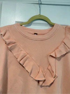 NWOT Free People Size XS Pink Ooh La Ruffle Yoke Long Sleeve Raw Hem Sweatshirt thumbnail 2