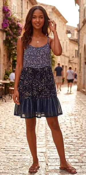 Mo:Vint New York Navy Blue Floral Mixed Print Tiered Mini‎ Dress Womens Medium thumbnail 1