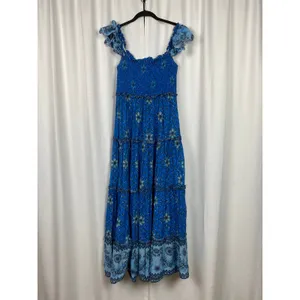 Love The Label Blue Floral Gaya Flutter Sleeve Cotton Tiered Maxi Dress Sz.M thumbnail 3