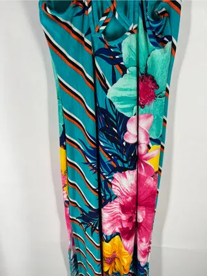 Tropical Floral Striped Crisscross Back Maxi Dress Medium‎ Side Slit thumbnail 10