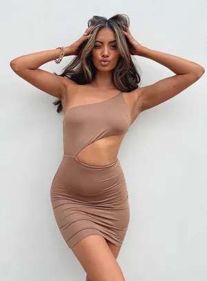 Princess Polly MIA ASYMMETRICAL MINI DRESS BROWN size 2 thumbnail 1