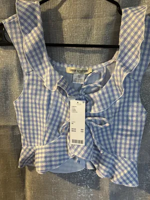 Urban Outfitters Light Blue Gingham Ruffle Tie-Front Crop Top thumbnail 4