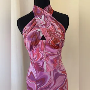 Bardot Pink Tie Dye Mesh Halter Mini Dress XS Y2K Bodycon Ruched thumbnail 3